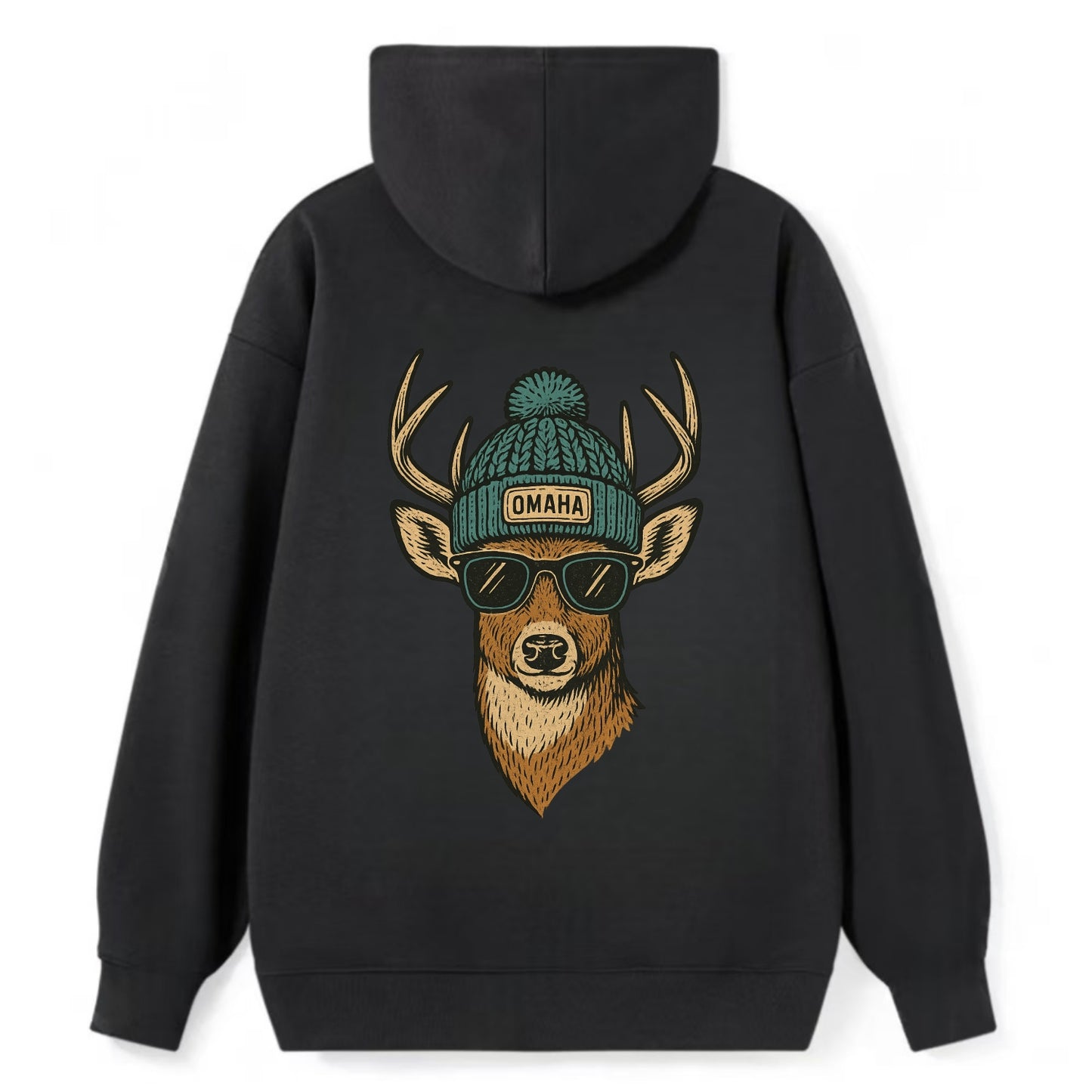 Nebraska White-tailed Deer wearing Omaha beanie with pom pom and wayfarer - Classic Pullover Hoodie - Black