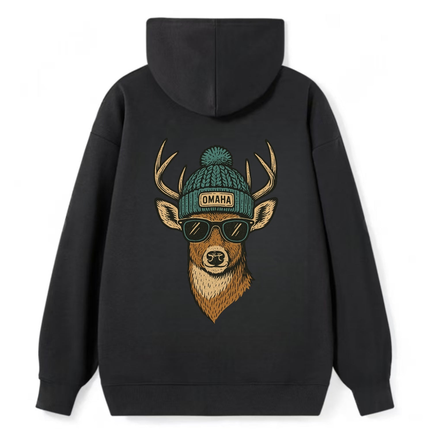 Nebraska White-tailed Deer wearing Omaha beanie with pom pom and wayfarer - Classic Pullover Hoodie - Black