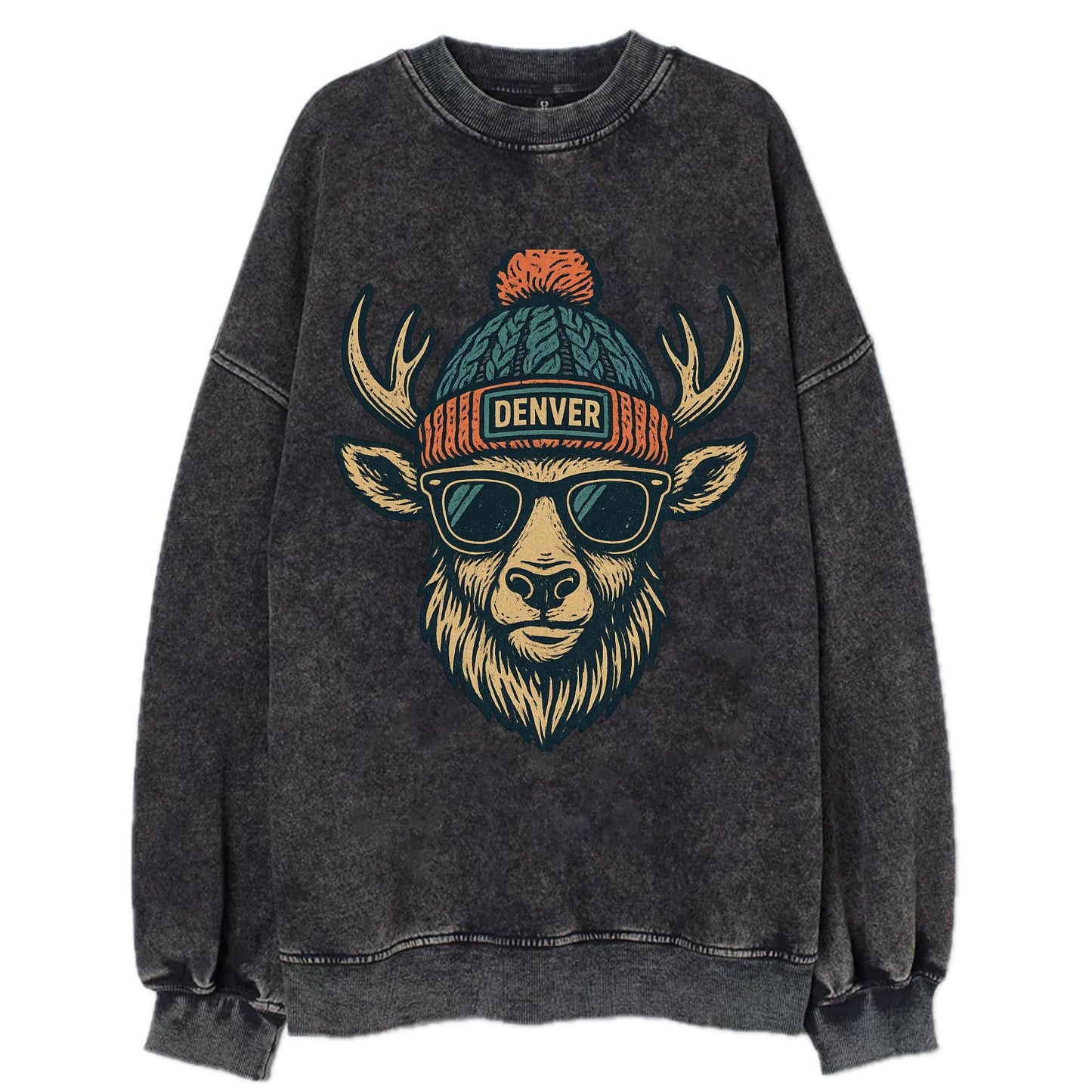 Denver Elk wearing Denver beanie with pom pom and wayfarer sunglasses - Vintage Sweatshirt - Black