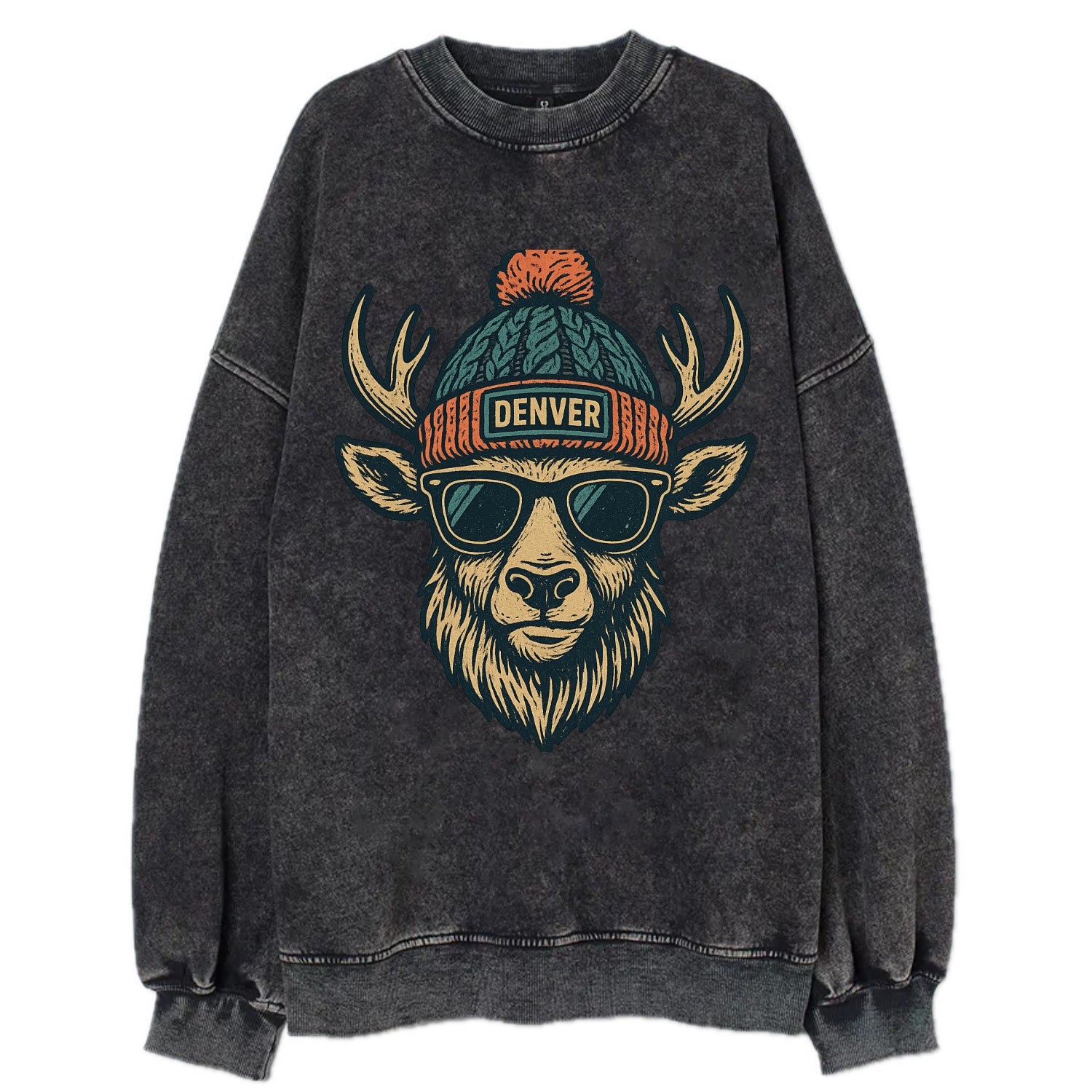 Denver Elk wearing Denver beanie with pom pom and wayfarer sunglasses - Vintage Sweatshirt - Black