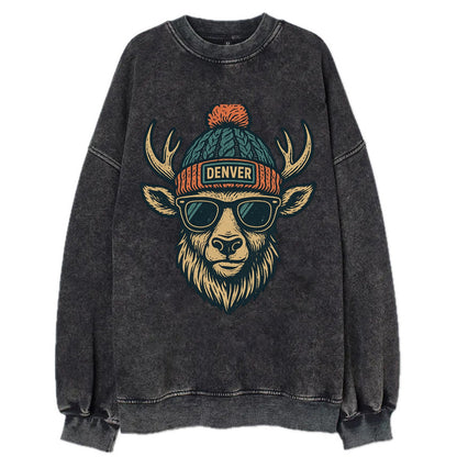 Denver Elk wearing Denver beanie with pom pom and wayfarer sunglasses - Vintage Sweatshirt - Black