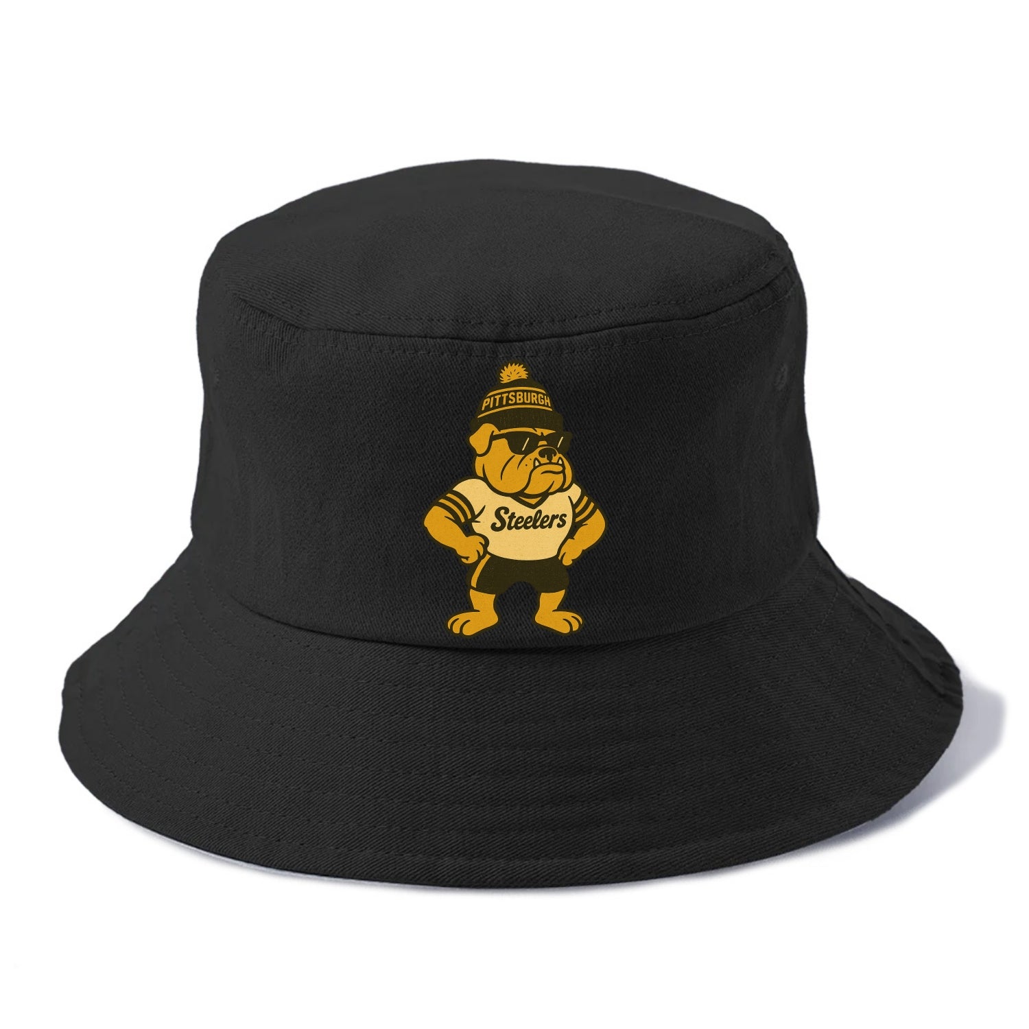 Pittsburgh Bulldog wearing Steelers black and gold beanie with pom pom and wayfarer - Bucket Hat - Black