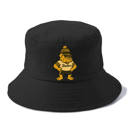 Pittsburgh Bulldog wearing Steelers black and gold beanie with pom pom and wayfarer - Bucket Hat - Black