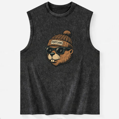 Portland Beaver wearing Portland beanie with pom pom and wayfarer sunglasses - Vintage Washed Tank