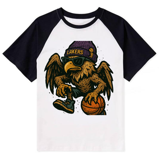 Los Angeles Golden Eagle wearing Lakers beanie with trophy patch and - Contrast Raglan T-shirt - Black