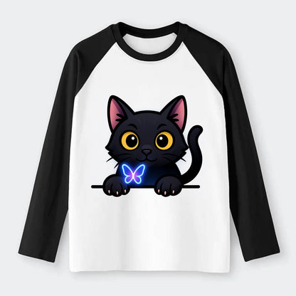 Midnight the black cat blowing a glossy bubblegum bubble while peeking. - Raglan Long Sleeve T-Shirt - Black