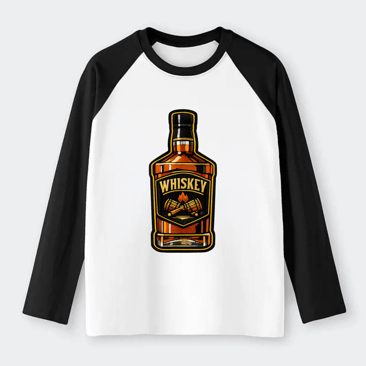 WHISKEY BOTTLE - bourbon bottle in amber and gold , spirits connoisseur - Raglan Long Sleeve T-Shirt - Black