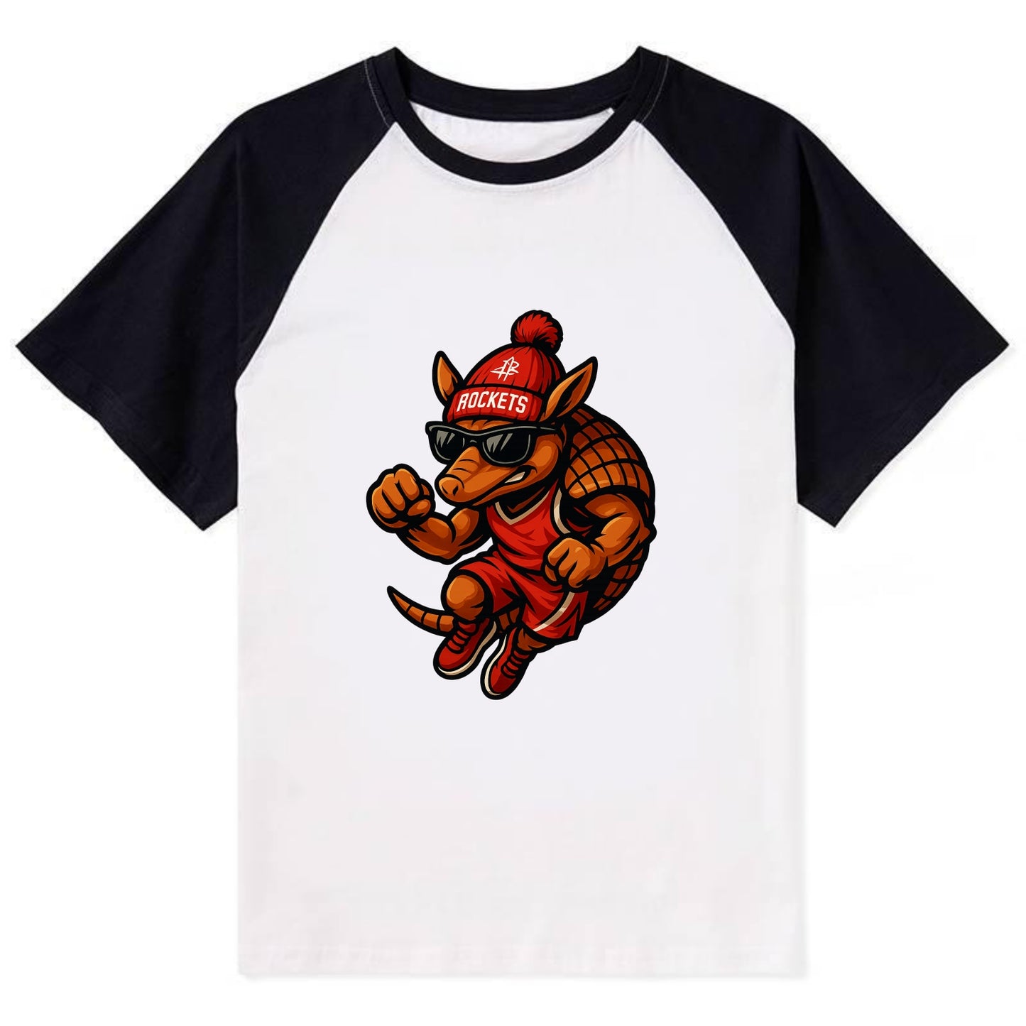 Houston Armadillo wearing Rockets red and silver beanie with rocket ship - Contrast Raglan T-shirt - Black