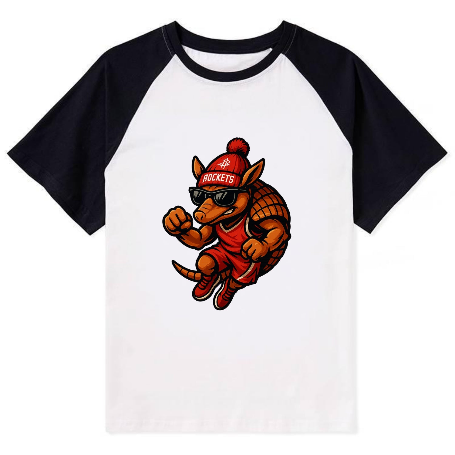 Houston Armadillo wearing Rockets red and silver beanie with rocket ship - Contrast Raglan T-shirt - Black