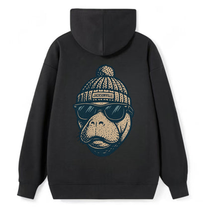 Jacksonville Manatee wearing Jacksonville beanie with pom pom and - Classic Pullover Hoodie - Black