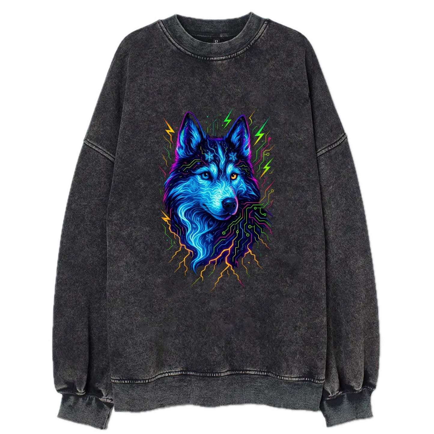 Siberian husky with ice-crystal flowing patterns, electric blue and white - Vintage Sweatshirt - Black
