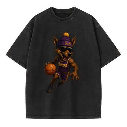 Hollywood Coyote wearing Lakers beanie with Showtime patch and wayfarer sunglasses - Vintage T-shirt - Black