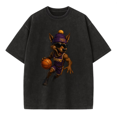 Hollywood Coyote wearing Lakers beanie with Showtime patch and wayfarer sunglasses - Vintage T-shirt