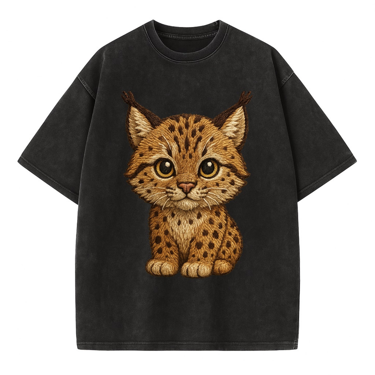 Baby Lynx Cub - tufted ears, spotted fur, golden eyes, front-facing, wild baby - Vintage T-shirt - Black