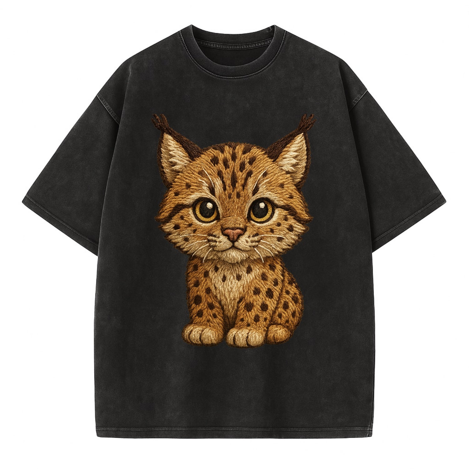 Baby Lynx Cub - tufted ears, spotted fur, golden eyes, front-facing, wild baby - Vintage T-shirt - Black