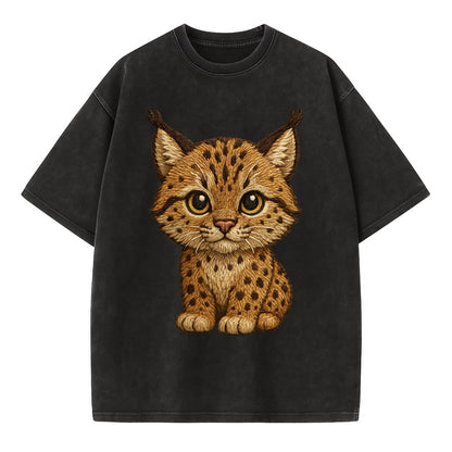 Baby Lynx Cub - tufted ears, spotted fur, golden eyes, front-facing, wild baby - Vintage T-shirt - Black