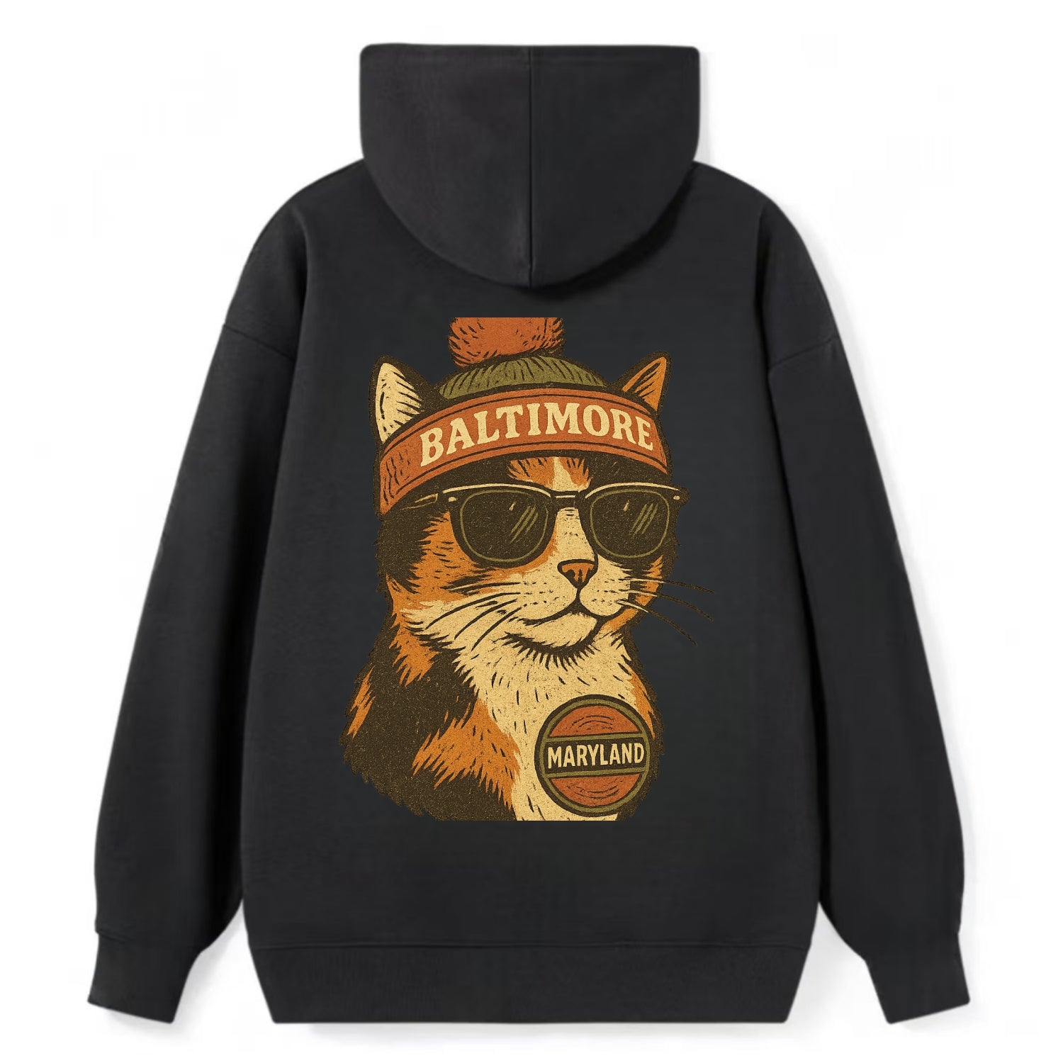 Maryland Calico Cat wearing Baltimore beanie with pom pom and wayfarer - Classic Pullover Hoodie - Black