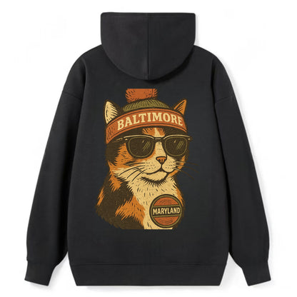 Maryland Calico Cat wearing Baltimore beanie with pom pom and wayfarer - Classic Pullover Hoodie - Black