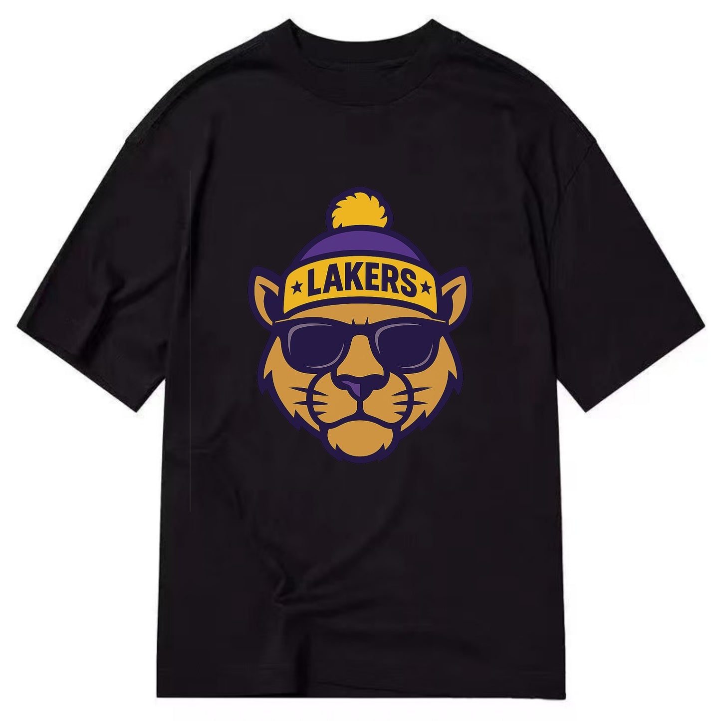 LA Mountain Lion wearing Lakers purple and gold beanie with championship stars - Classic T-shirt - Black