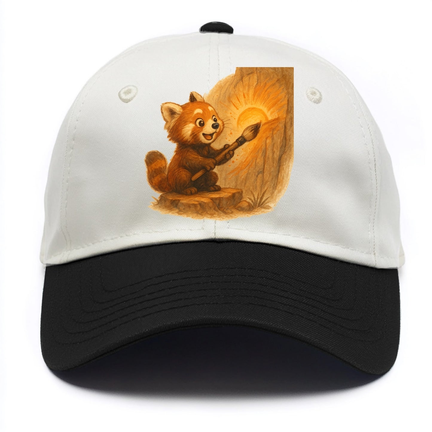 Red panda painting a sunrise mural with an oversized calligraphy brush on a cliff - Two Tone Cap - Black