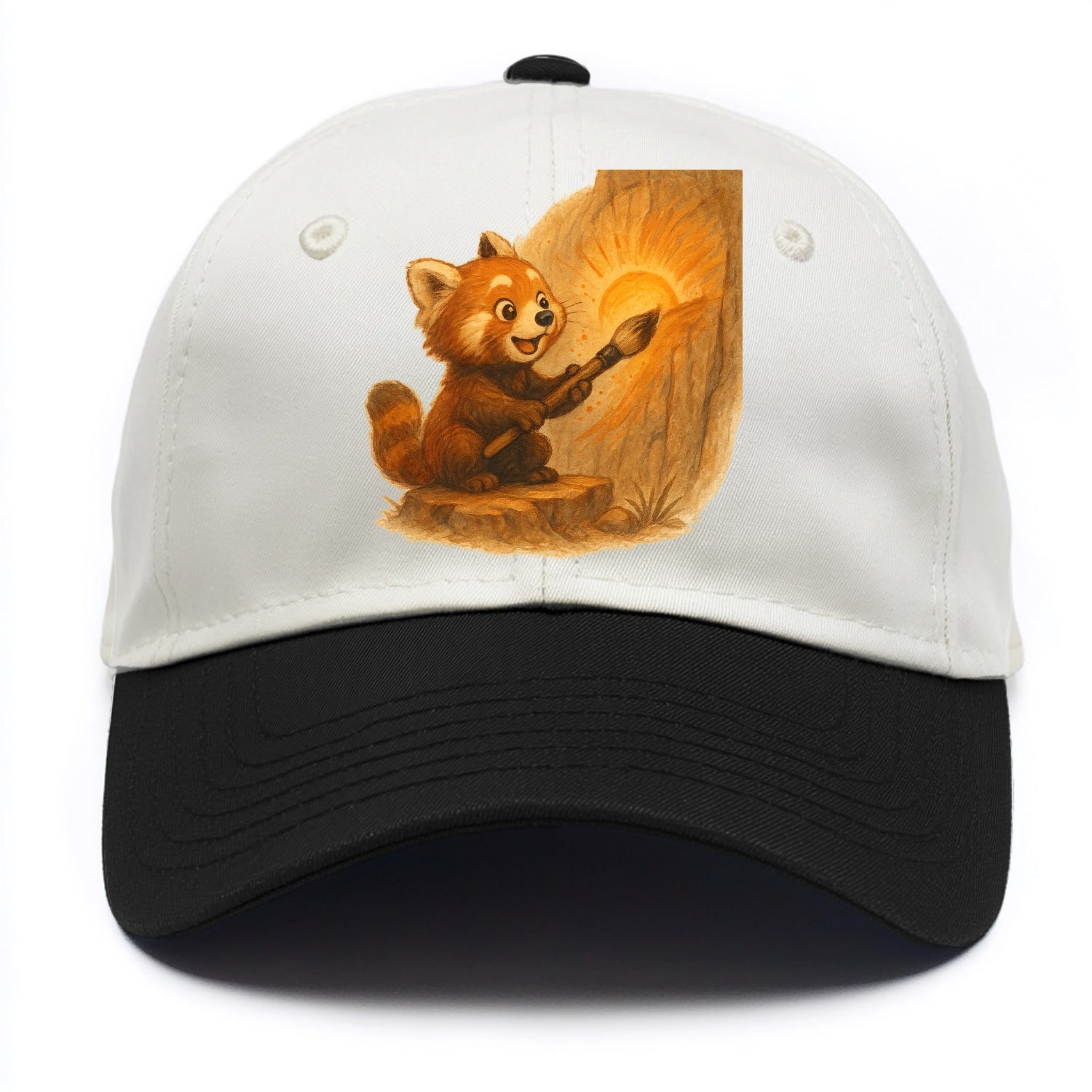 Red panda painting a sunrise mural with an oversized calligraphy brush on a cliff - Two Tone Cap - Black