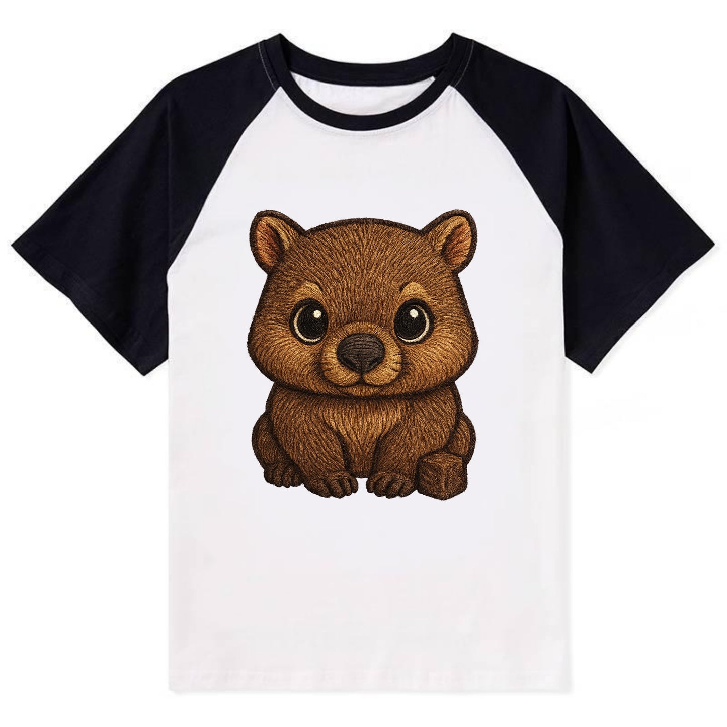 Baby Wombat - brown fur, square nose, small ears, dark eyes, - Contrast Raglan T-shirt - Black