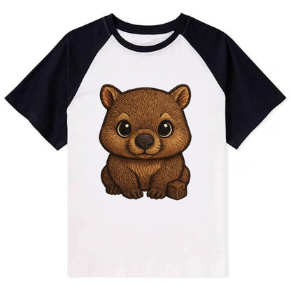 Baby Wombat - brown fur, square nose, small ears, dark eyes, - Contrast Raglan T-shirt - Black