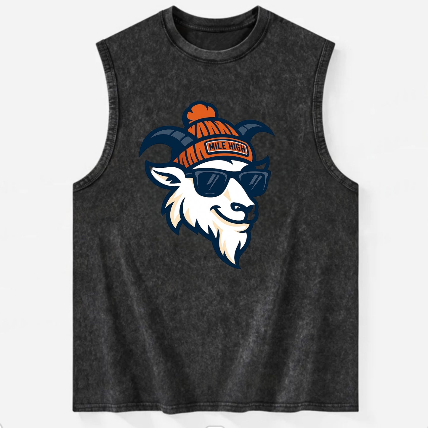 Denver Mountain Goat wearing Broncos beanie with Mile High patch and wayfarer - Vintage Washed Tank - Black