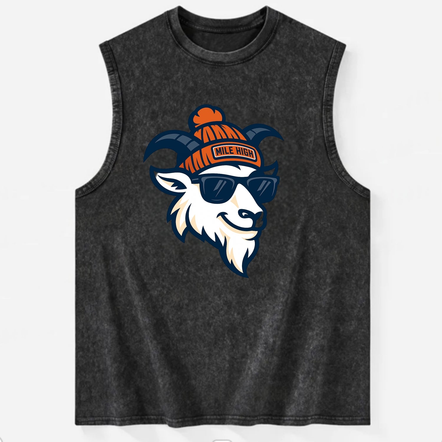 Denver Mountain Goat wearing Broncos beanie with Mile High patch and wayfarer - Vintage Washed Tank - Black