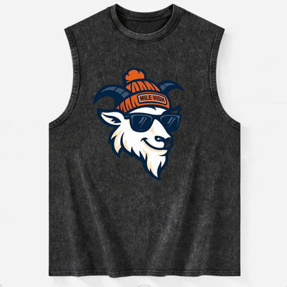 Denver Mountain Goat wearing Broncos beanie with Mile High patch and wayfarer - Vintage Washed Tank - Black