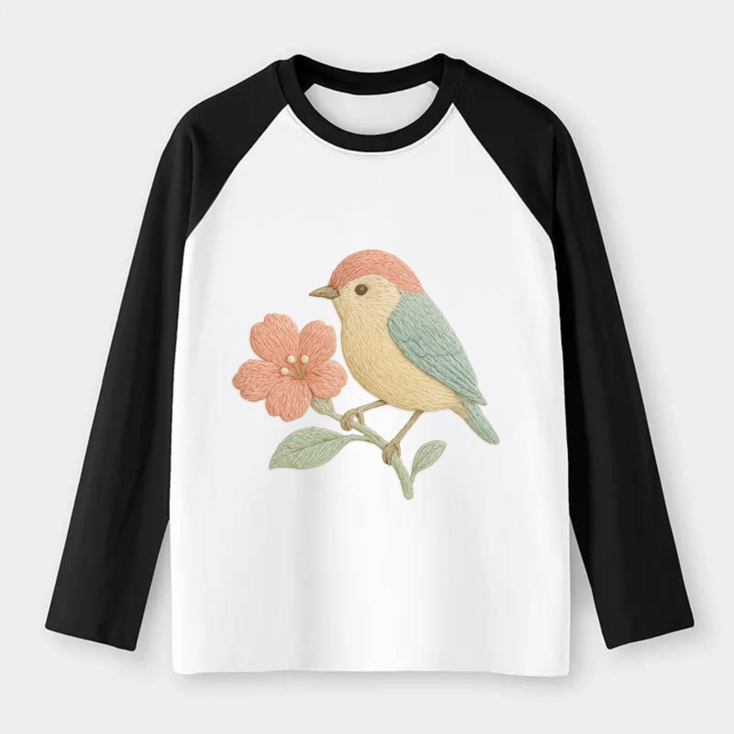 Peach Flowerpecker - Raglan Long Sleeve T-Shirt - Black