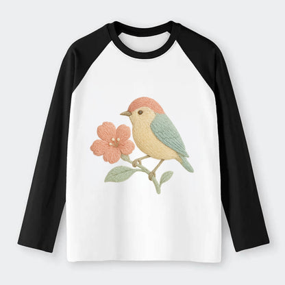 Peach Flowerpecker - Raglan Long Sleeve T-Shirt - Black