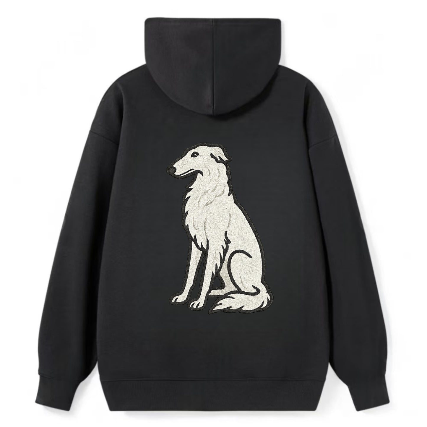 Borzoi - White embroidered sitting pose - Classic Pullover Hoodie - Black