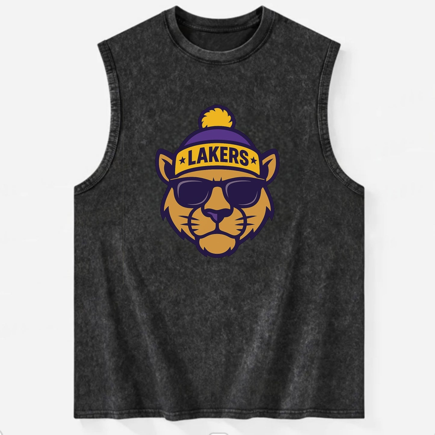 LA Mountain Lion wearing Lakers purple and gold beanie with championship - Vintage Washed Tank - Black