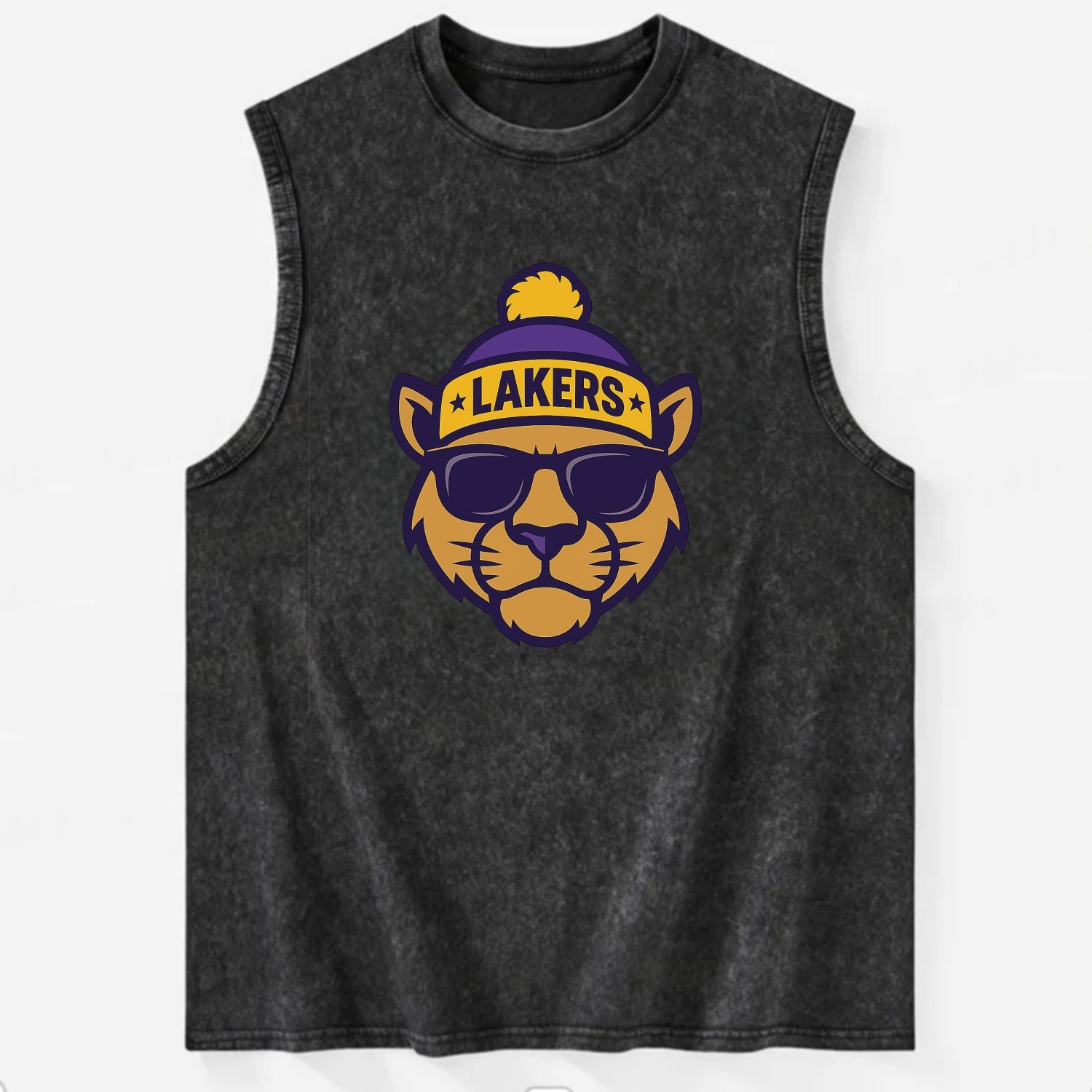 LA Mountain Lion wearing Lakers purple and gold beanie with championship - Vintage Washed Tank - Black