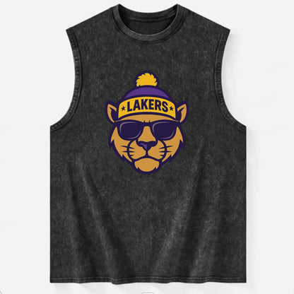 LA Mountain Lion wearing Lakers purple and gold beanie with championship - Vintage Washed Tank - Black