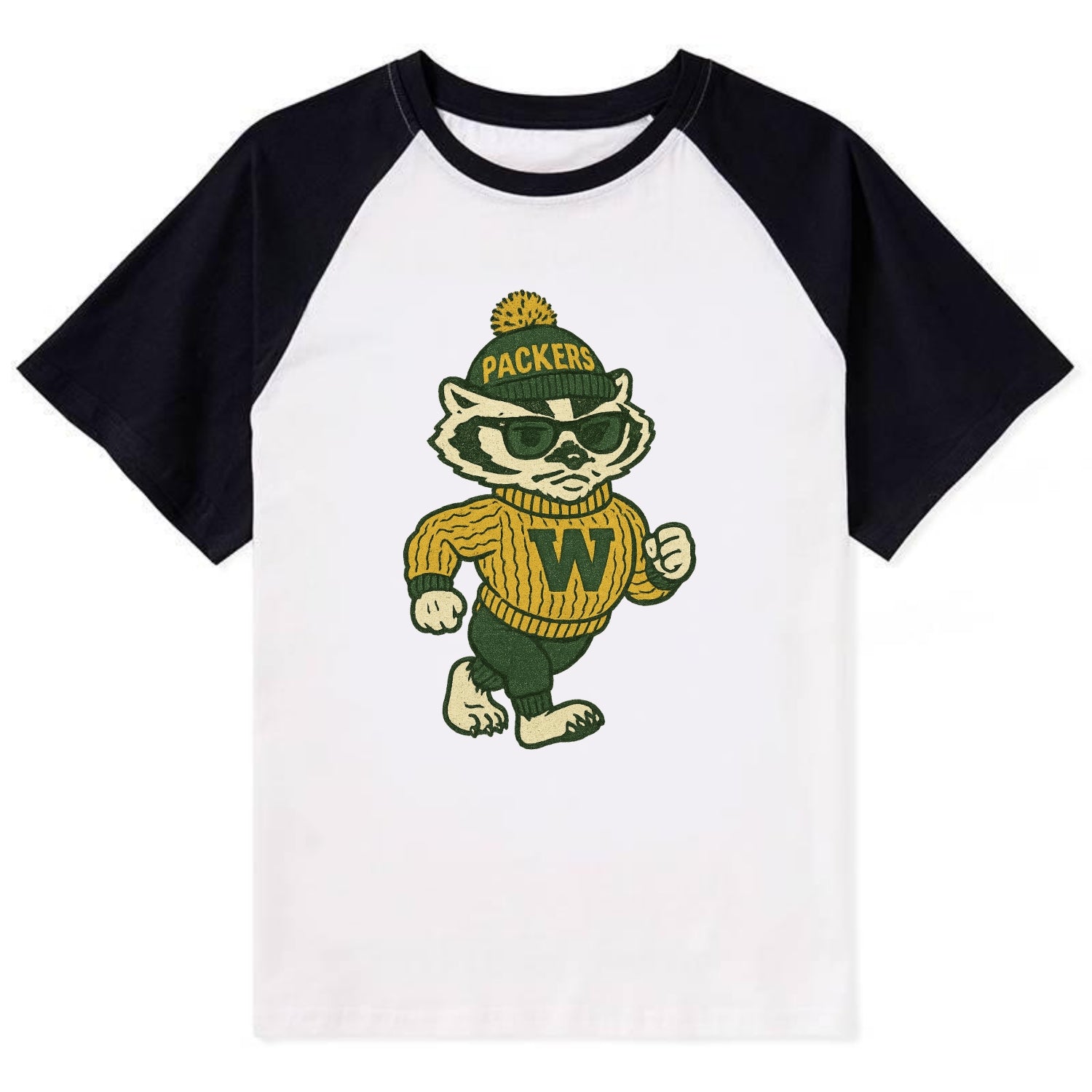 Wisconsin Badger wearing Packers green and gold beanie with pom pom and - Contrast Raglan T-shirt - Black
