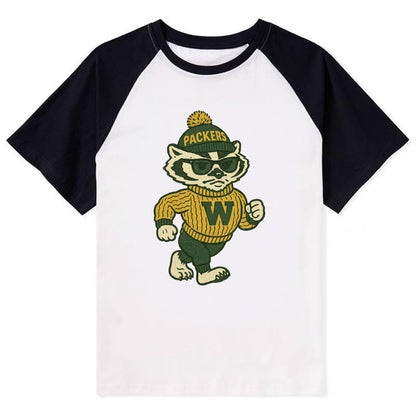 Wisconsin Badger wearing Packers green and gold beanie with pom pom and - Contrast Raglan T-shirt - Black