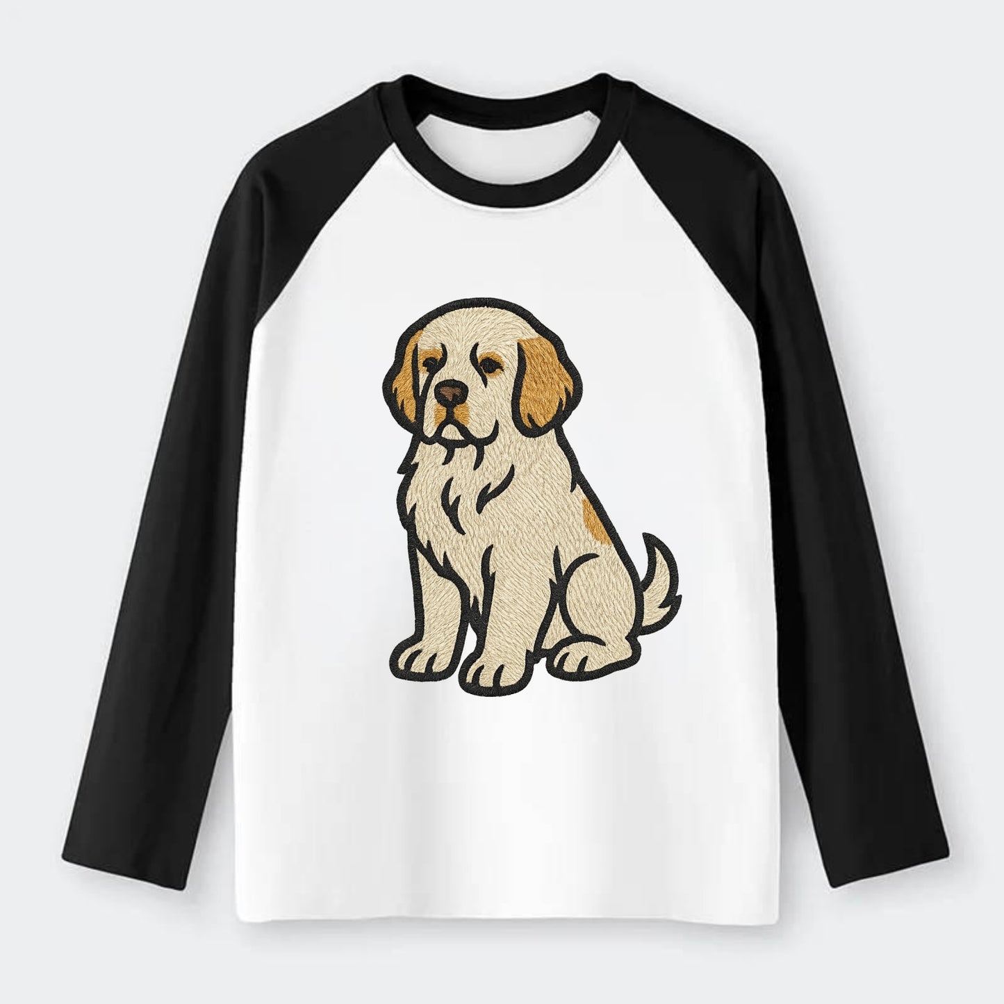 Clumber Spaniel - White with lemon markings embroidered pose - Raglan Long Sleeve T-Shirt - Black