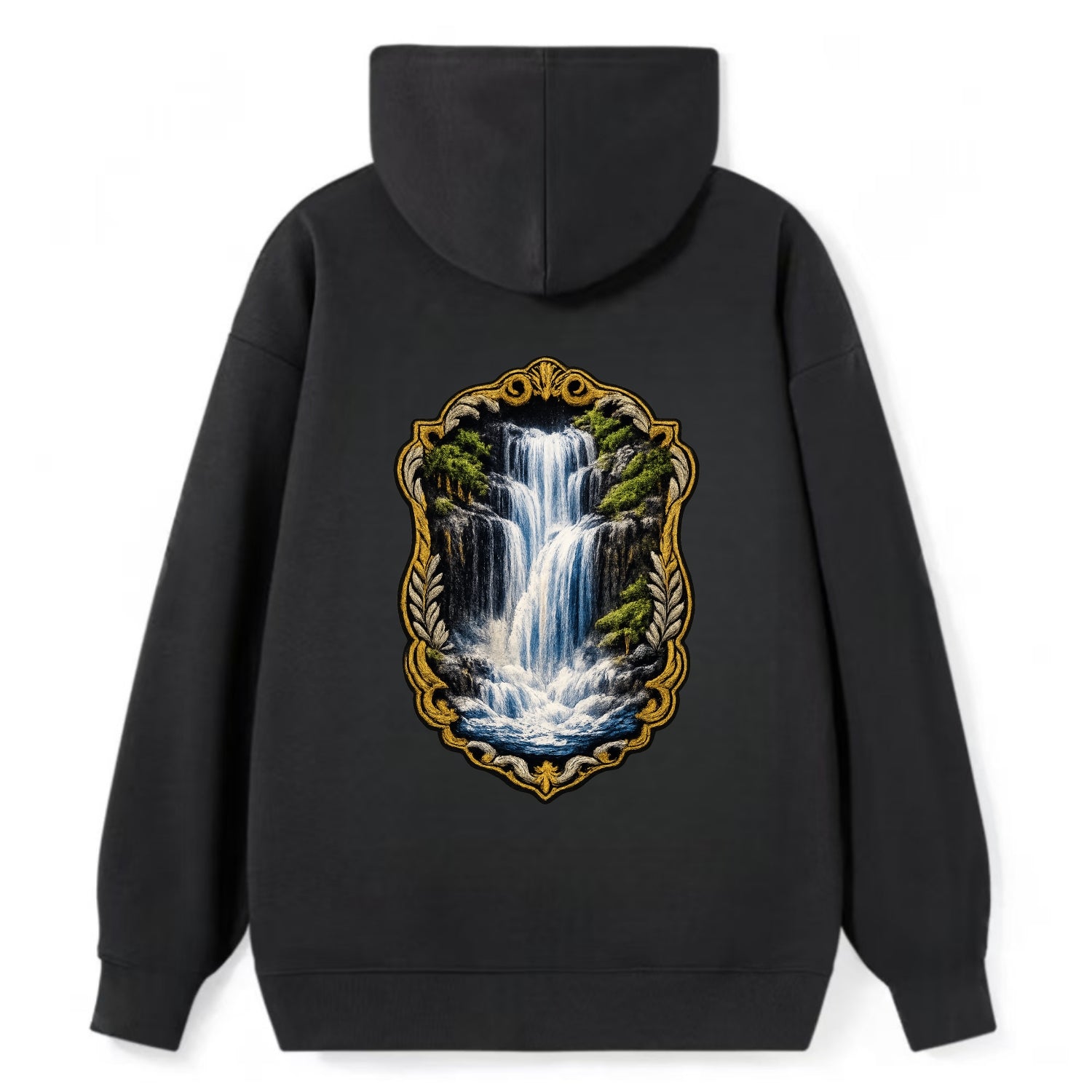 WATERFALL CASCADE - falling water with mist in blue and white , nature - Classic Pullover Hoodie - Black