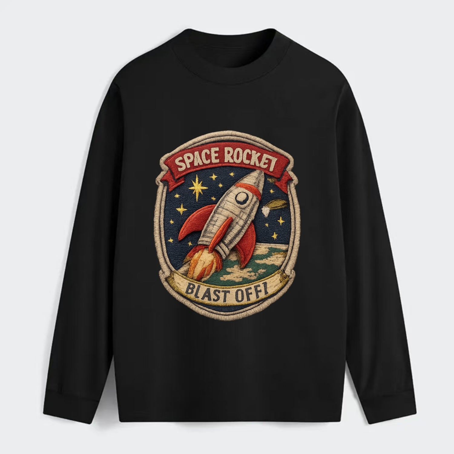 RETRO ROCKET - 1950s space rocket in silver and red , atomic age - Classic Long Sleeve Shirt - Black