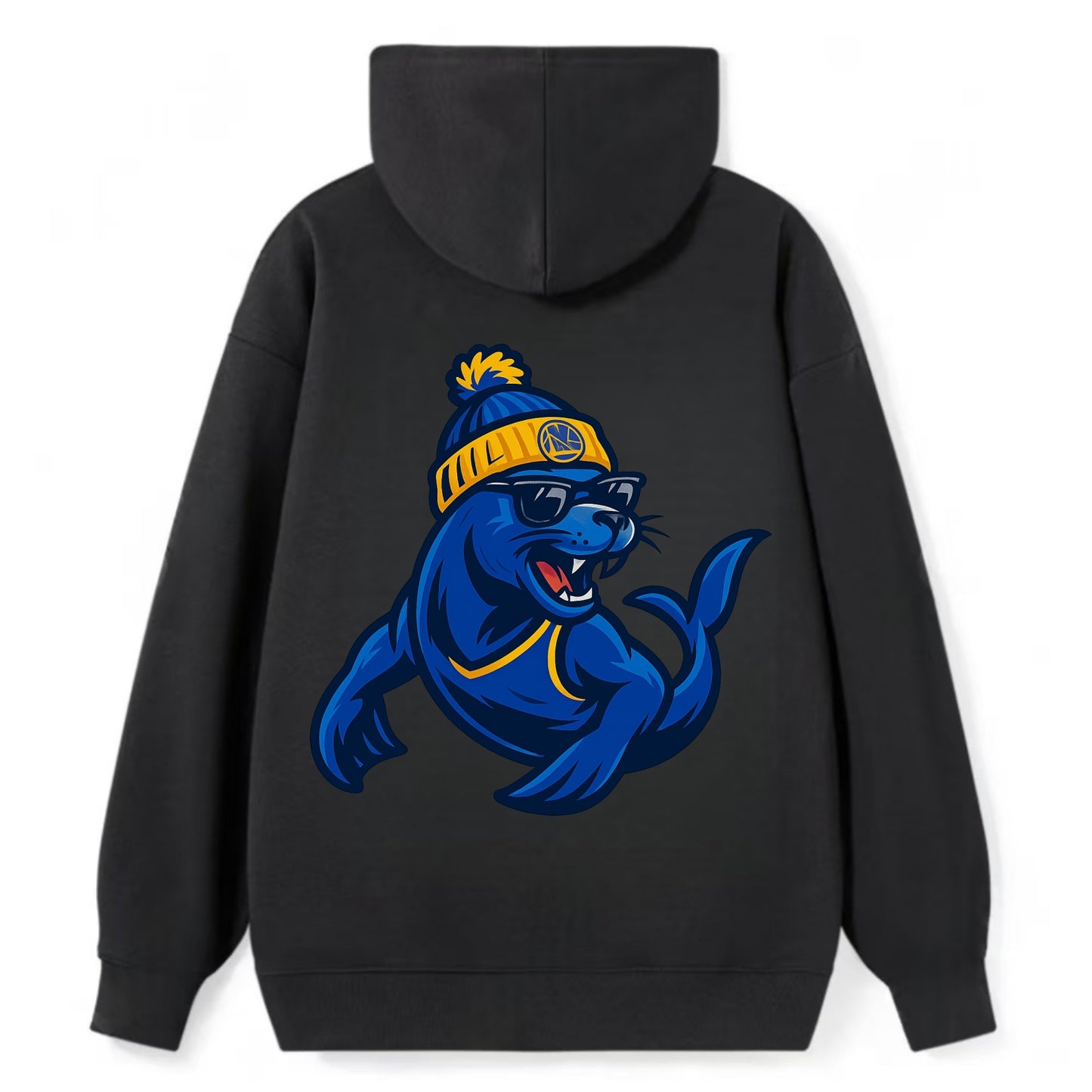 Bay Area Sea Lion wearing Warriors blue and gold beanie with Golden Gate - Classic Pullover Hoodie - Black