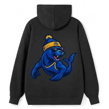 Bay Area Sea Lion wearing Warriors blue and gold beanie with Golden Gate - Classic Pullover Hoodie - Black