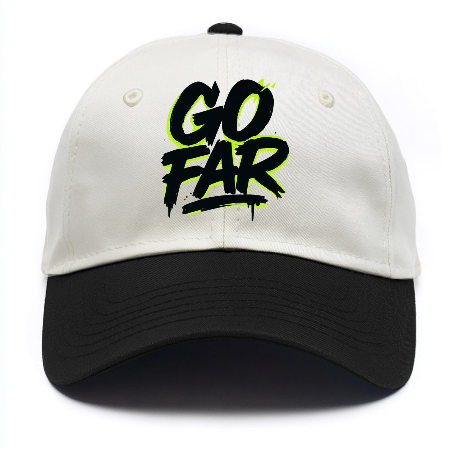 Bold typography design - "GO FAR" - distance goals, pushing limits - Two Tone Cap - Black