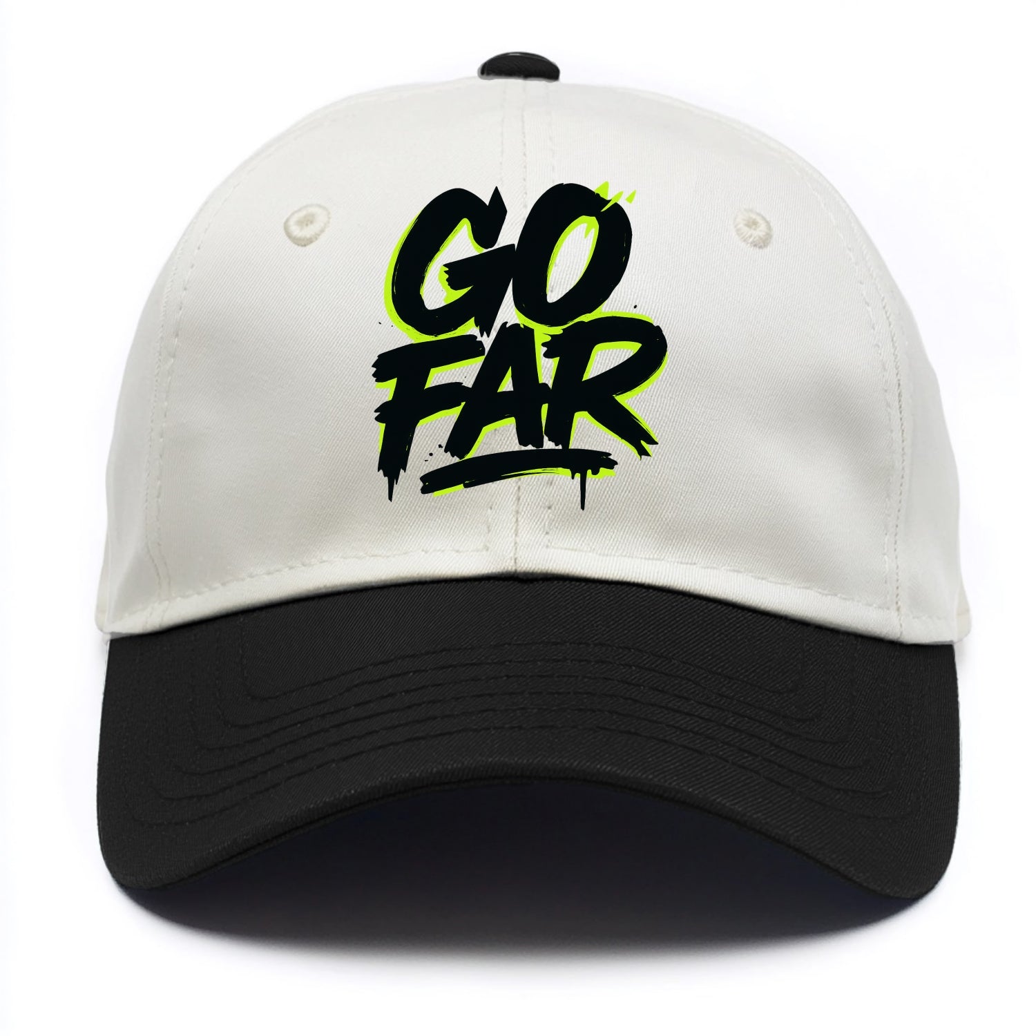 Bold typography design - "GO FAR" - distance goals, pushing limits - Two Tone Cap - Black