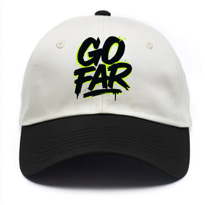 Bold typography design - "GO FAR" - distance goals, pushing limits - Two Tone Cap - Black