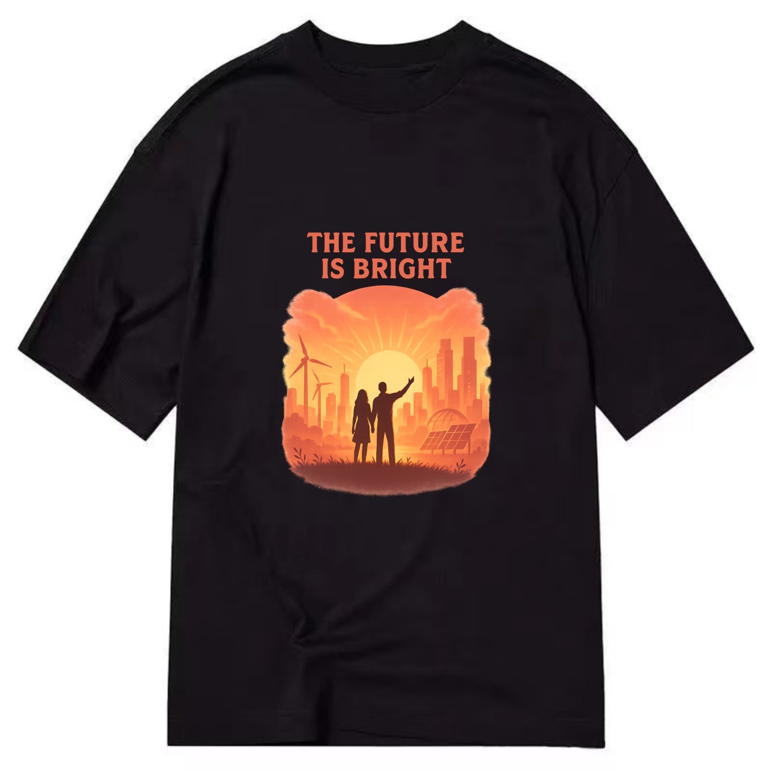 Sunrise over thriving sustainable city - "The Future is Bright" - optimistic - Classic T-shirt - Black