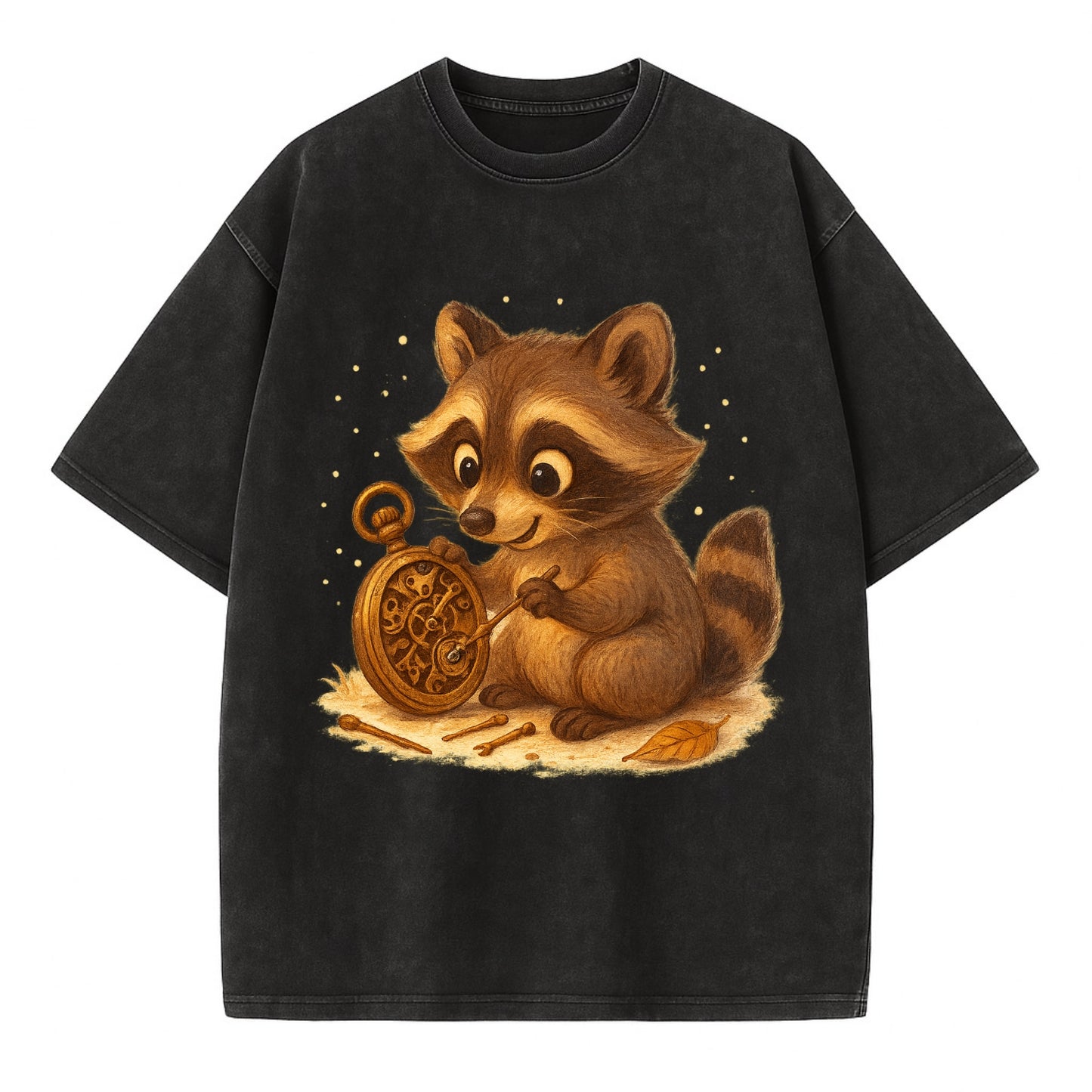 Raccoon tinkering with a steampunk pocket watch using tiny brass tools - Vintage T-shirt - Black