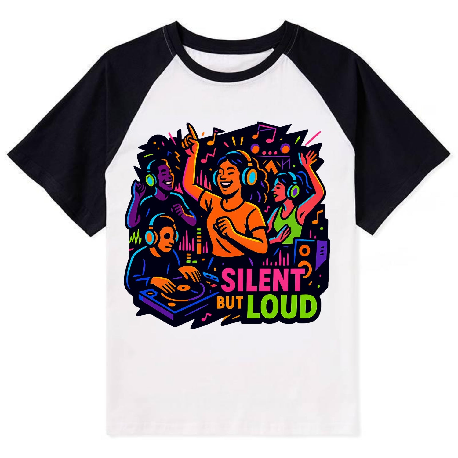 Silent disco dancers with glowing headphones - "Silent But Loud" - unique - Contrast Raglan T-shirt - Black