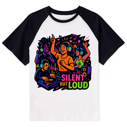 Silent disco dancers with glowing headphones - "Silent But Loud" - unique - Contrast Raglan T-shirt - Black